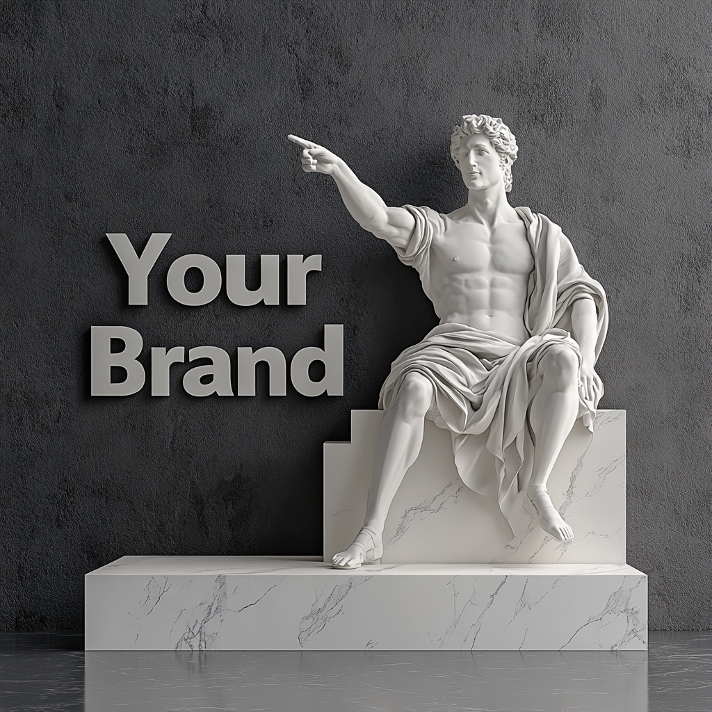 A classical white marble statue of a man, resembling ancient Greek or Roman figures, pointing to the words “Your Brand,” which are positioned next to him. The statue is seated on a stone platform, with a dark background that emphasizes the elegance and authority of the brand message.