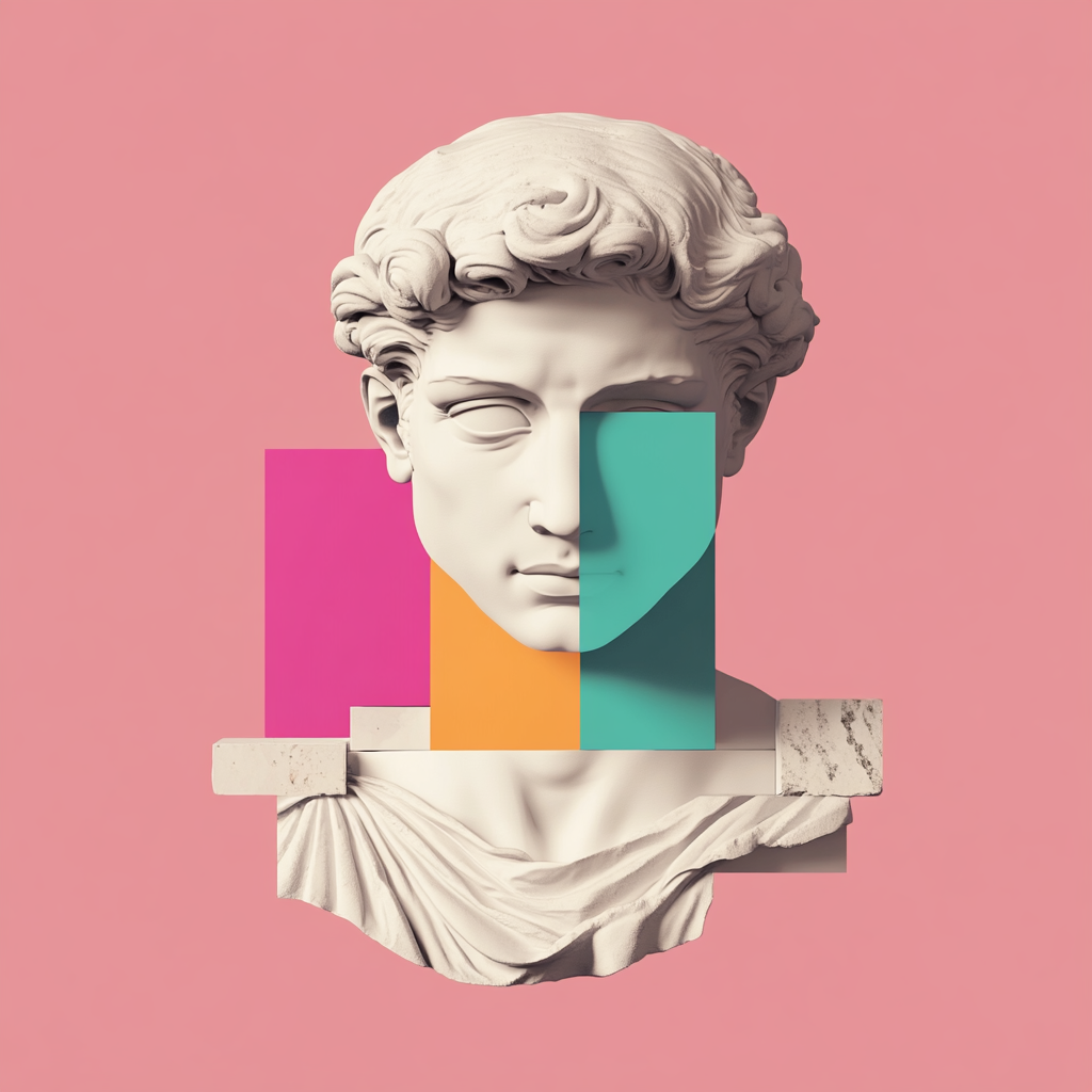 A classical white marble statue of a man, resembling ancient Greek or Roman figures, pointing to the words “Your Brand,” which are positioned next to him. The statue is seated on a stone platform, with a dark background that emphasizes the elegance and authority of the brand message.